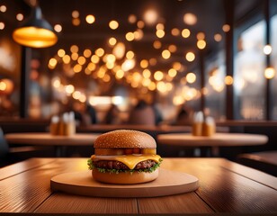 the tables in a cozy burger restaurant the background is blurred with bokeh from the lights in the restaurant