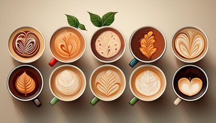 a row of coffee cups with different flavors and designs the cups are arranged in a neat row with some cups having leaves on them concept of variety and creativity in the coffee flavors
