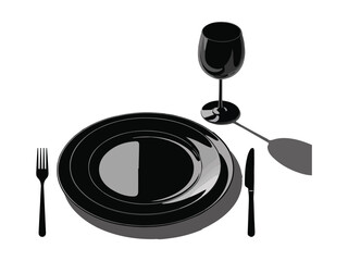 Black Dinner Plate and Wine Glass Illustration