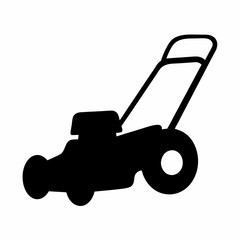 Simple black and white silhouette of a push lawn mower machine
