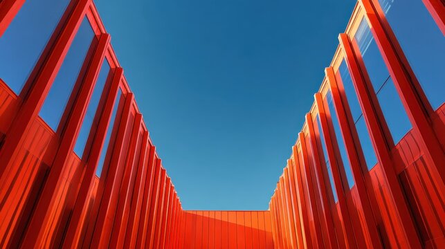 Modern architectural design of geometric red building against a clear blue sky