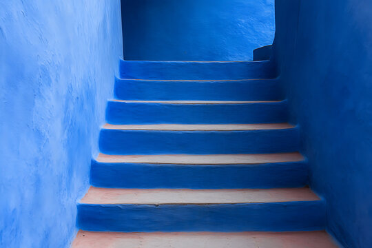 A striking image of blue steps ascending against a vibrant blue wall, showcasing a captivating blend of color and architectural detail in an outdoor setting.