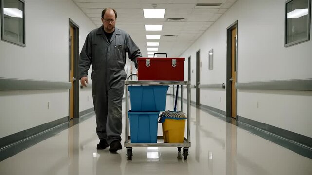 Cleaner pushes cart with mop and bucket down hallway. Uniform on worker moves across shiny floor. Cleaning and maintenance take place inside facility. Towel and glove placed near mop bucket on cart.