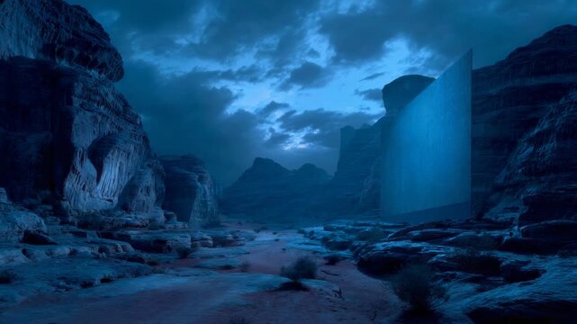 Futuristic monolith in mysterious desert landscape at dusk