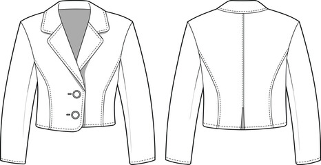 Cad drawing flat vector illustration of tailored women blazer jacket front and back technical fashion sketch, cad drawing flat vector illustration