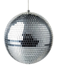Festive silver disco ball with missing mirror tile hanging isolated transparency background, shiny retro object for celebration or party