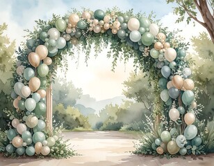 Pastel archway with balloons and greenery