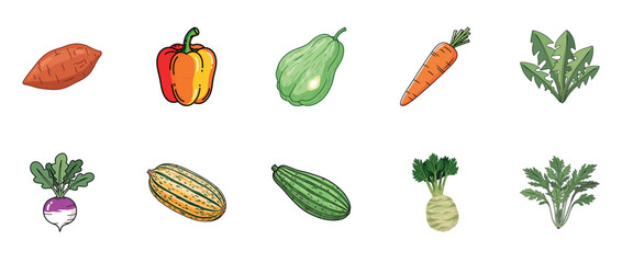 Colorful variety of vegetables: sweet potato, bell pepper, squash, carrot, greens