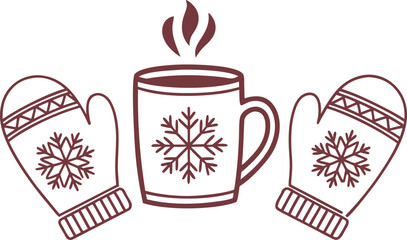 Cozy Winter Scene: Steaming Mug of Hot Chocolate Between Two Snowflake Mittens