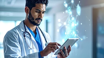 A doctor in white coat uses a tablet, with a network of glowing nodes in background - Powered by Adobe