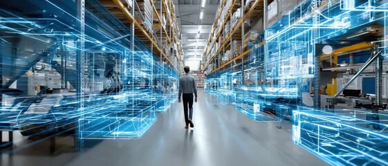 Warehouse Automation: A person confidently walks through a modern, technologically advanced warehouse. The scene showcases an automation concept with digital overlay. - Powered by Adobe