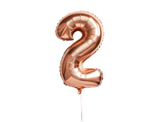 Joyful rose gold number 2 balloon, shiny metallic foil for party celebration. Isolated on transparent background for design element