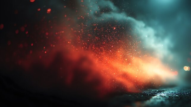 Dynamic abstract background with vibrant red and orange light amidst dark smoke and glowing particles on a wet surface.