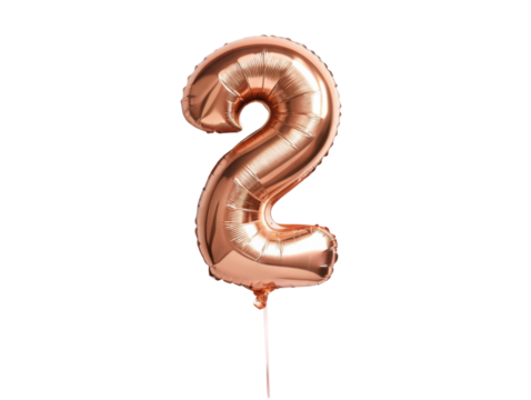 Joyful rose gold number 2 balloon, shiny metallic foil for party celebration. Isolated on transparent background for design element