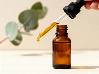 A hand holding a glass dropper, dripping essential oil into an amber bottle with a eucalyptus leaf in the background.