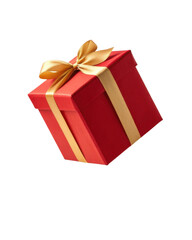 Fototapeta premium Red gift box with gold ribbon, an elegant present for holiday celebration or joyful surprise. Isolated on transparency background