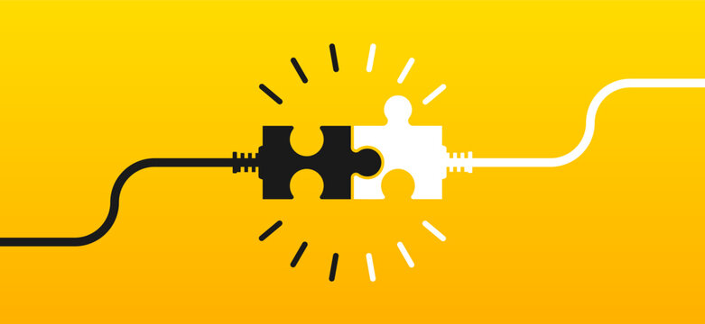 Connecting puzzle pieces on yellow background. Two puzzle pieces with cables coming together. Idea, solution, business, strategy concept. Vector illustration.