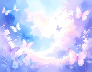 Pastel butterflies in a dreamy sky landscape