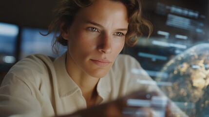 Futuristic command center with AR overlays depicting CO2 levels, wind currents, and climate anomalies, emotion of concentration and innovation visible, representing global climate monitoring,