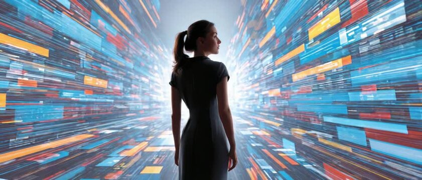 Woman gazing in a Technological World: A silhouette of a woman in formal attire looks towards a vibrant and futuristic technological world, an image that evokes themes of progress.