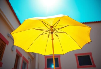 Vibrant yellow umbrella, sunny day, bright colors, cheerful,  illustration,  element