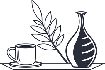 Minimalist still life: coffee cup, vase, and plant branch on a tray