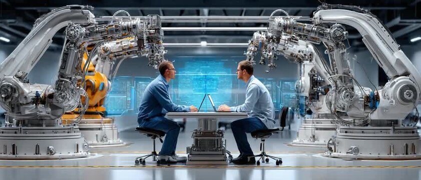 Innovation Collaboration in Robotics: Two professionals engaged in a meeting, surrounded by advanced robotics technology, symbolizing progress and innovation.