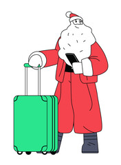 Santa travel Christmas holiday vacation concept modern Santa Claus holding suitcase and smartphone in red suit simple flat style isolated on white