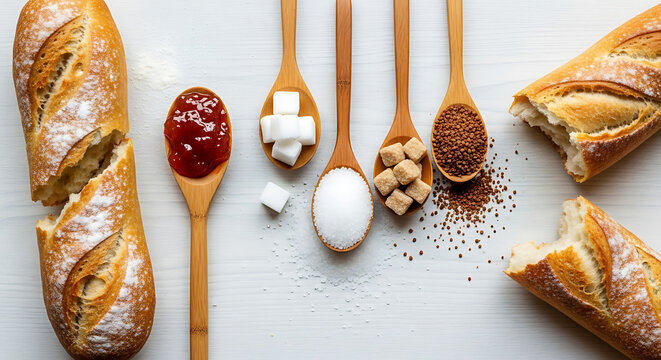 Various types of sugar and jam on spoons with baguettes on a white wooden table