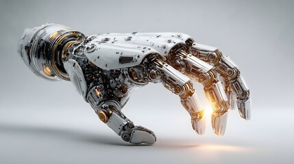 Close-up of a futuristic robotic hand with glowing fingertips.