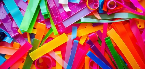 Assorted vibrant plastic strips arranged in a colorful pattern, colorful background, plastic strips