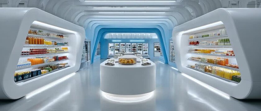 Futuristic Store Interior: A modern and sleek interior of a store, with futuristic design, showcases an array of products, illuminated by soft, cool lighting.