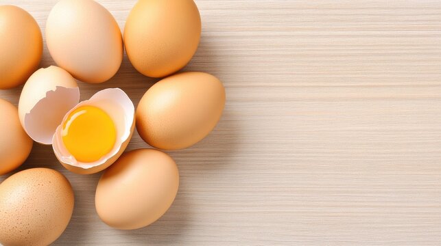 Fresh brown eggs arranged artistically on a rustic wooden table with a broken shell revealing the vibrant yolk