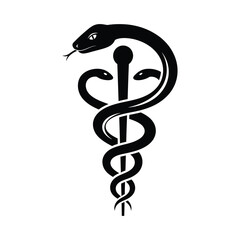 Obraz premium A black silhouette of the caduceus symbol, featuring two snakes coiled around a winged staff, isolated on white background