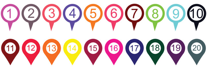 Numbered Location Pin Icon Set – 1 to 20 Map Marker Symbols for Navigation and Step-by-Step Guide