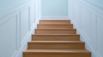 Elegant wooden staircase with a white handrail leading to a serene entrance hall in a modern home interior