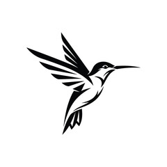 Dynamic black silhouette of a hummingbird in flight, with wings spread and detailed feathers, isolated on white background