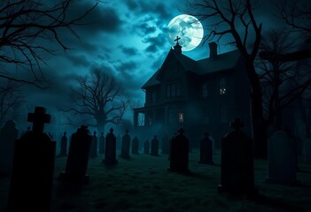 Spooky graveyard at night, haunted mansion looming  Fog, tombstones, moon, shadows, trees,  horror,  creepy
