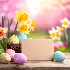 Pastel Easter eggs and daffodils on a rustic wooden table