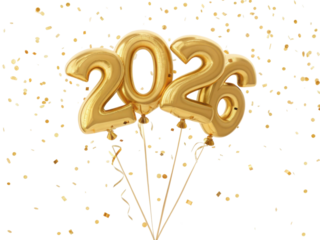 Joyful golden 2026 foil balloon with falling confetti for festive new year celebration party. shiny, elegant holiday event on black