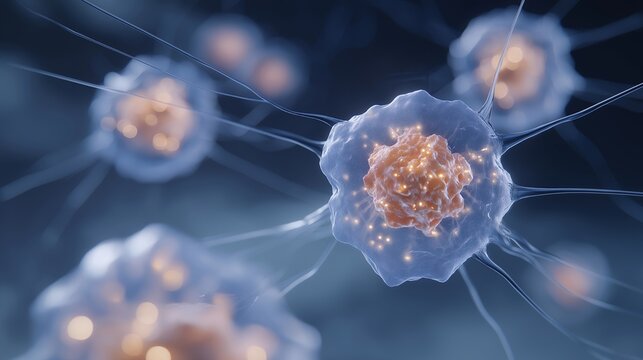 Scientific visualization of transparent multicellular structures with detailed nucleus and filamentous networks, symbolizing molecular medicine, biomedical research, and genetic architecture