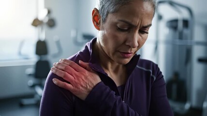 Woman holding painful shoulder during fitness workout. Closeup shows pain and concern. Suggests shoulder injury after exercise in gym. Focus on health wellness recovery therapy. Good for wellness ads.