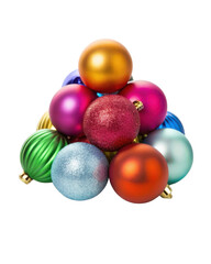 Cheerful and festive pile of colorful christmas bauble decoration isolated on black. shiny glitter holiday ornament stack for design