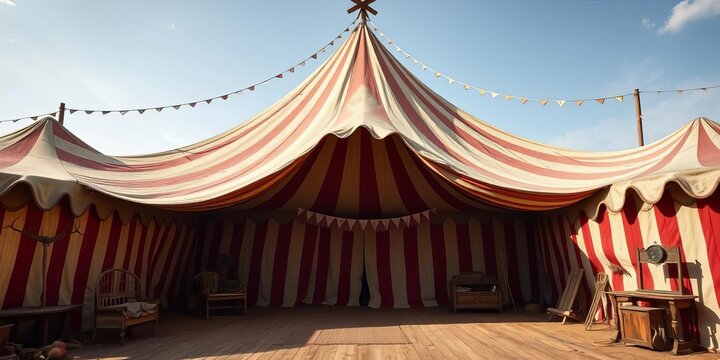 Dusty vintage circus tent, faded striped canvas, weathered wood, antique props,   banner,  sideshow