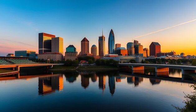 Indianapolis skyline at sunset, reflecting in a calm waterway, sunset, architecture