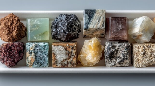 A collection of various mineral and rock samples displayed on a white tray.