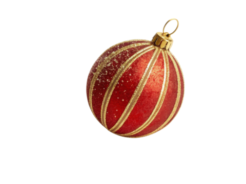 Festive red christmas bauble ornament with glitter and gold stripe decoration. classic glass ball for holiday celebration, isolated - Powered by Adobe