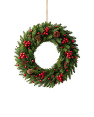 Festive Christmas wreath decoration for holiday winter season. green circle with red berry and pinecone celebrating joyful time