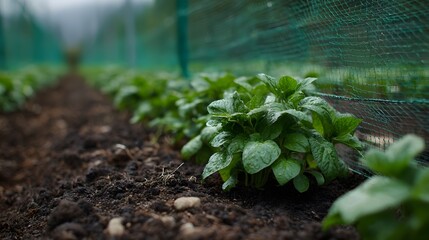 Rows of young green vegetable plants grow in fertile soil sheltered by a protective green net in an outdoor garden setting