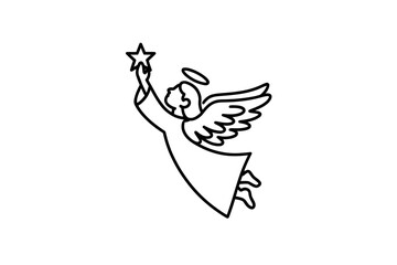 Fototapeta premium A simple line drawing of an angel with a halo and wings holding a star aloft.